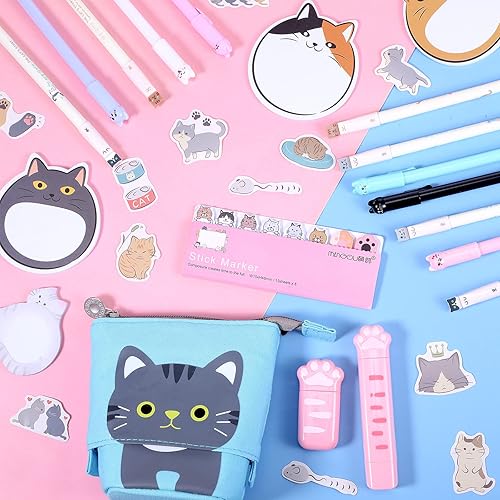 Miniatura 5 de Juego de 400 piezas de papelería de gato lindo de dibujos animados Kawaii papelería para niñas y niños, suministros escolares incluyendo bolígrafos