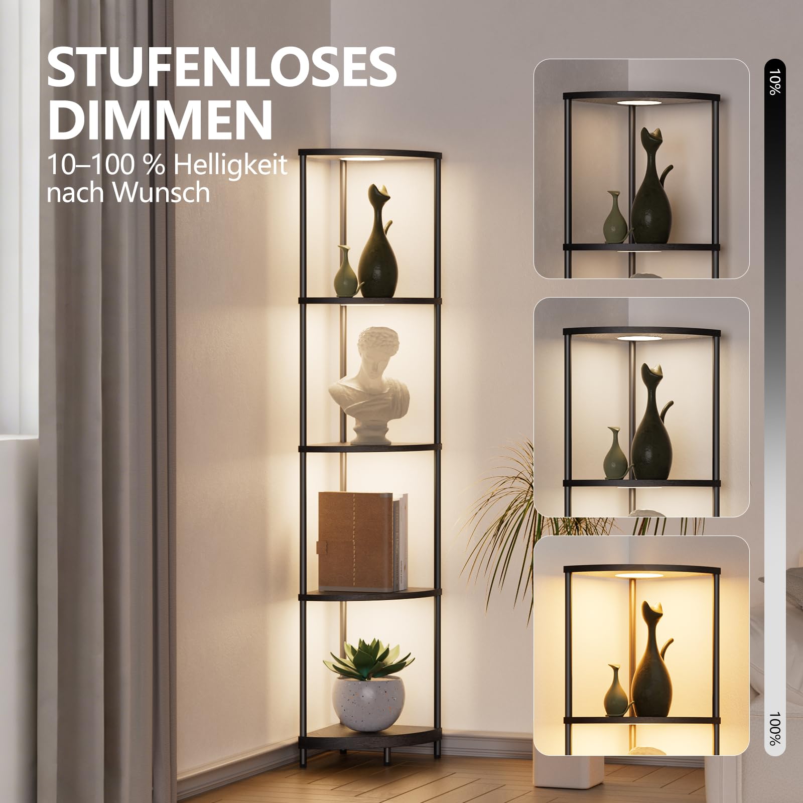 Stehlampe mit Regal Dimmbar 2700K-6500K stehlampe wohnzimmer 4 Farbtemperaturen 6 Farben Standleuchte mit 4 Holzregal und Fernbedienung für Schlafzimmer Ecke Wohnzimmer Büro