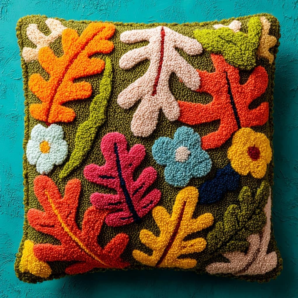 WallustrioaW Latch Hook Pillowcase Cushion Kits,Oak Leaves,Latch Hook kit Cushion Throw Pillow Embroidery Craft for Beginner Hobby & Craft,17x17in