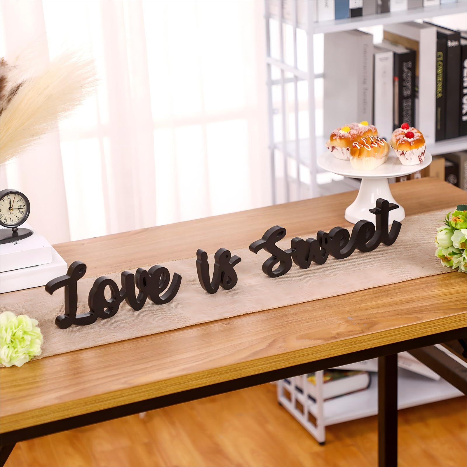 Love Is Sweet Table Decor Hollow Sign Wooden Love Is Sweet Sign for Dessert Table Freestanding Wood Is Wooden Letter Top for Wedding Shelf(Black)