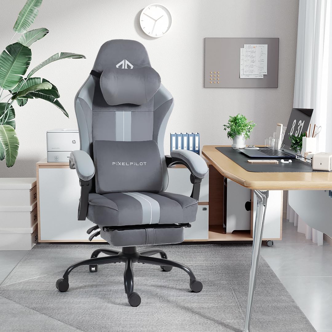 PixelPilot Chaise de jeu ergonomique avec repose-pieds, tissu respirant, chaise de bureau gamer avec appui-tête, soutien lombaire, large assise, 150 kg (gris)