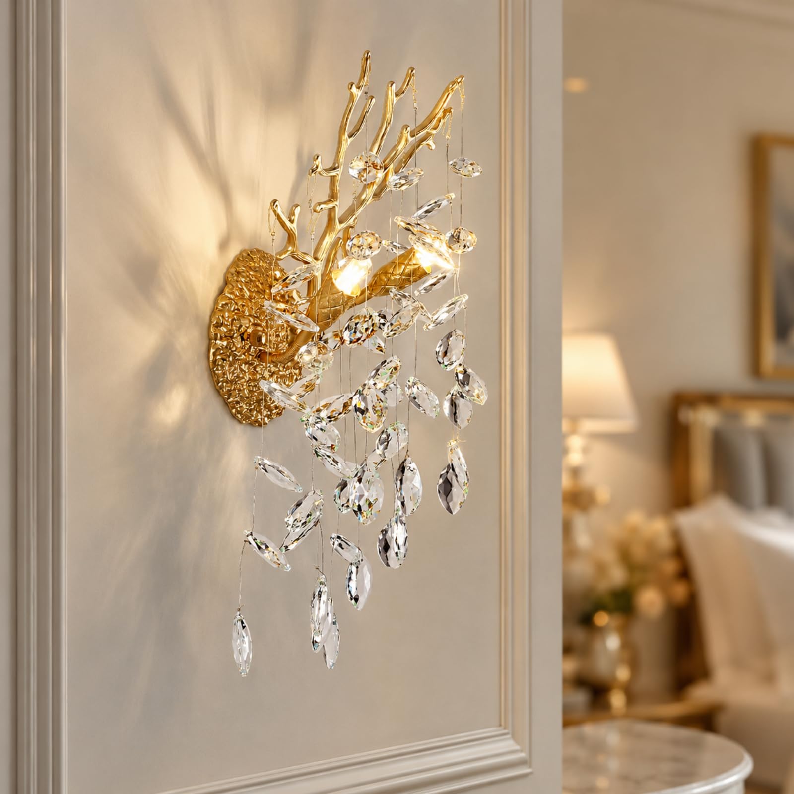 PIOUTNF Modern Crystal Wall Sconce, Gold Tree Branches Sconces Wall Lighting, Indoor Light Decoration,Farmhouse Wall Sconce Luxury Bathroom Wall Lights