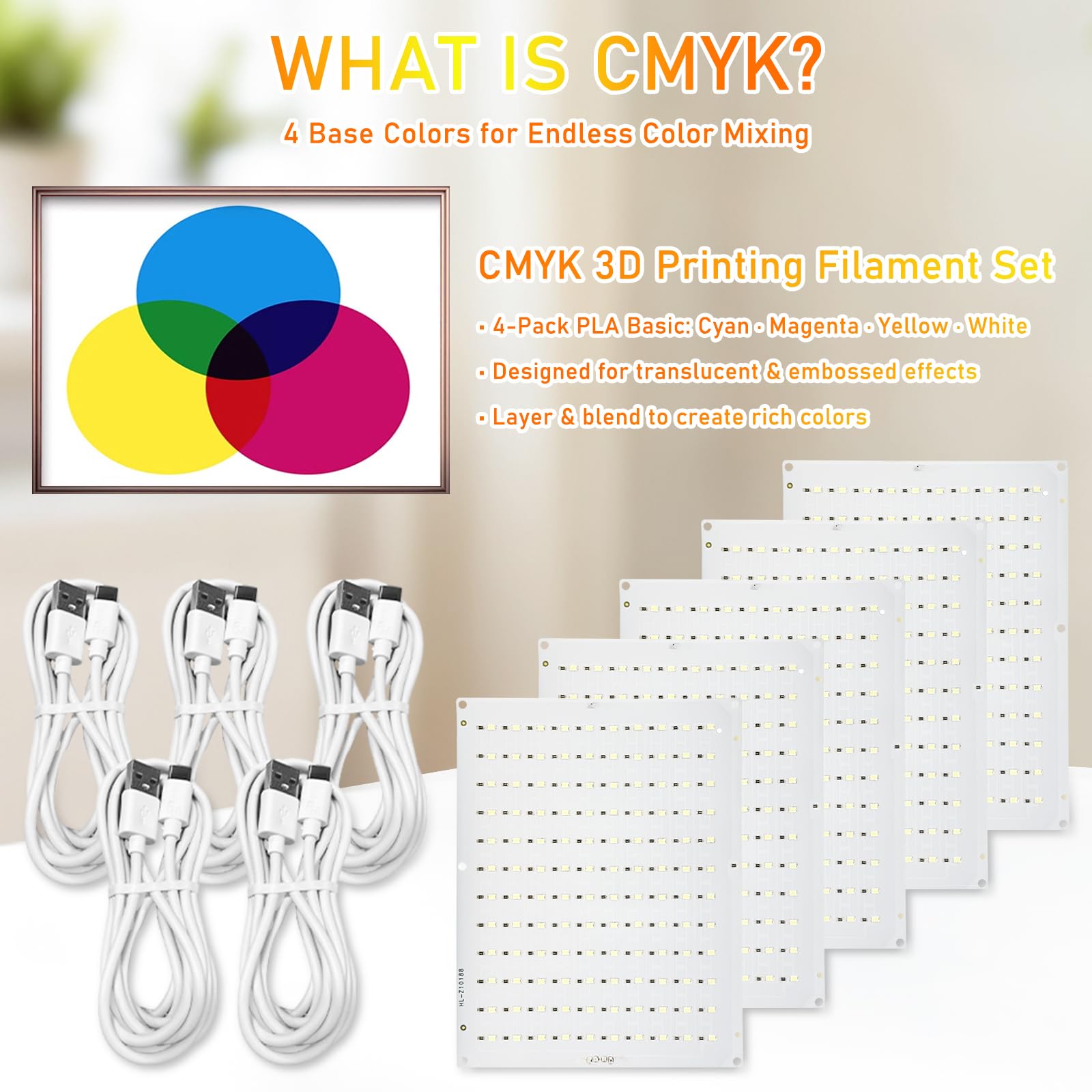 5-częściowy zestaw płyt LED do oświetlenia tylnego CMYK Lithophane dla BambuLab A1/A1 mini/P1P/P1S/X1C/X1E, panel do druku 3D, USB, dekoracja domu i biura