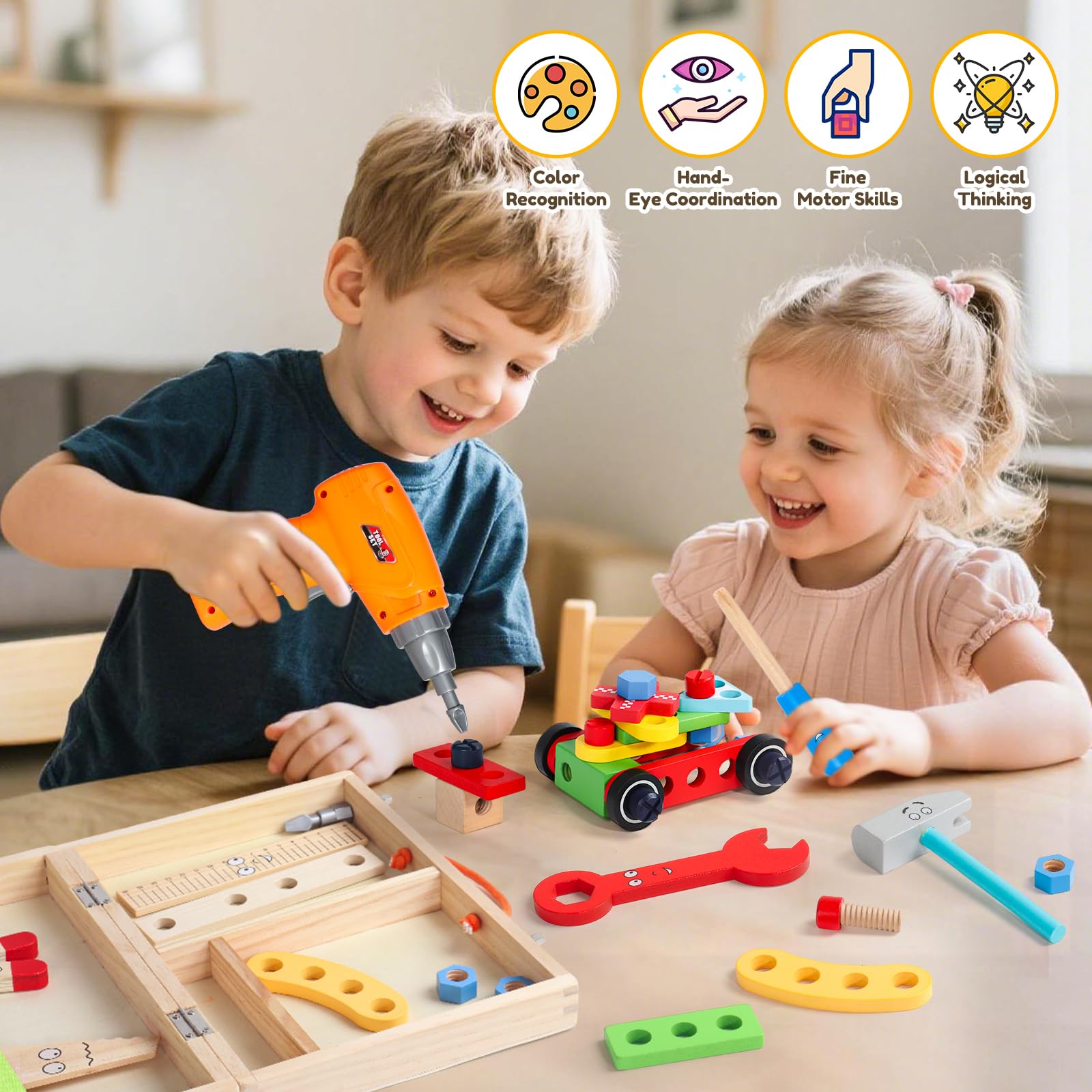 Jouet Enfant 3 Ans Montessori Jeux Enfant 3 Ans Boite a Outils Enfant avec Perceuse Jouet Garcon Fille 3 Ans Jeux Educatif Bricolage Cadeau Enfant Garcon 3 4 Ans Fille (44 Pièces)