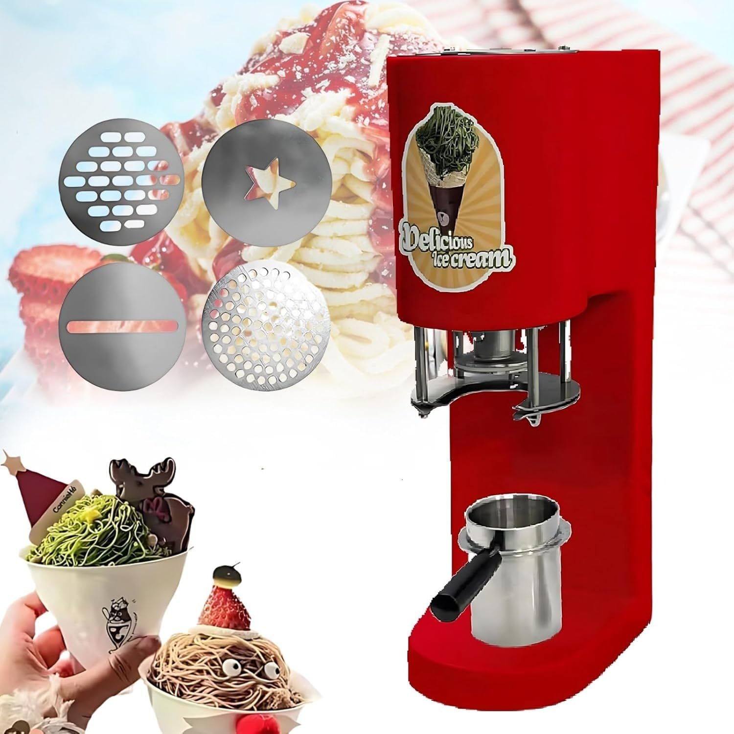 UofZc Spaghetti Ice Cream Maker, Fun Noodle Shape Ice Cream Machine for Homemade Gelato, Sorbet & Frozens Yogurt, Easy Oper-ation for Home Kitchen Use Red