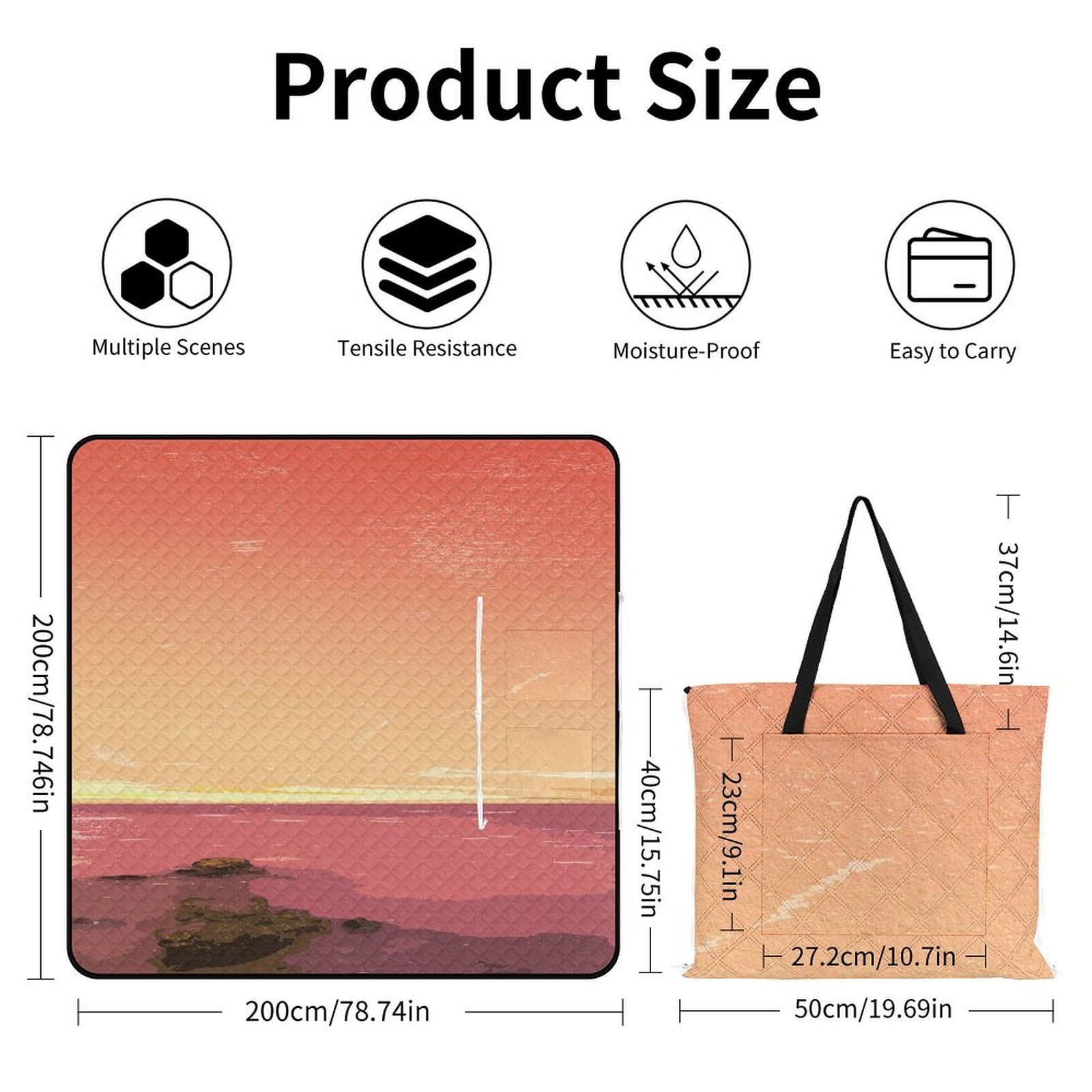 Couverture de pique-nique extra large avec sangle de transport - Pliable, légère et imperméable - 200 x 200 cm - Pour plage, camping, randonnée, parc, terrasse