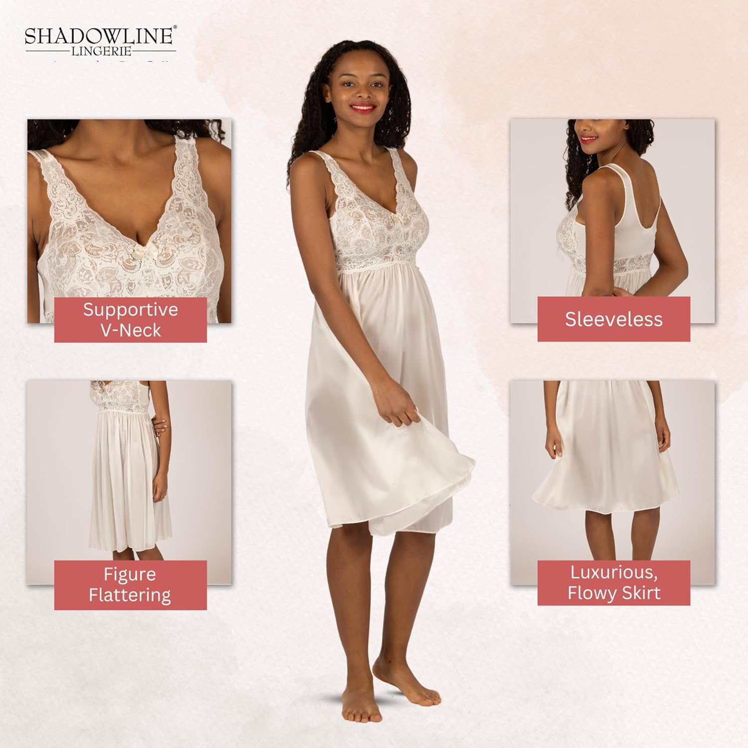 Shadowline Women’s Short Lace Bodice Nightgown 40” Length Sleeveless Gown - Image 2