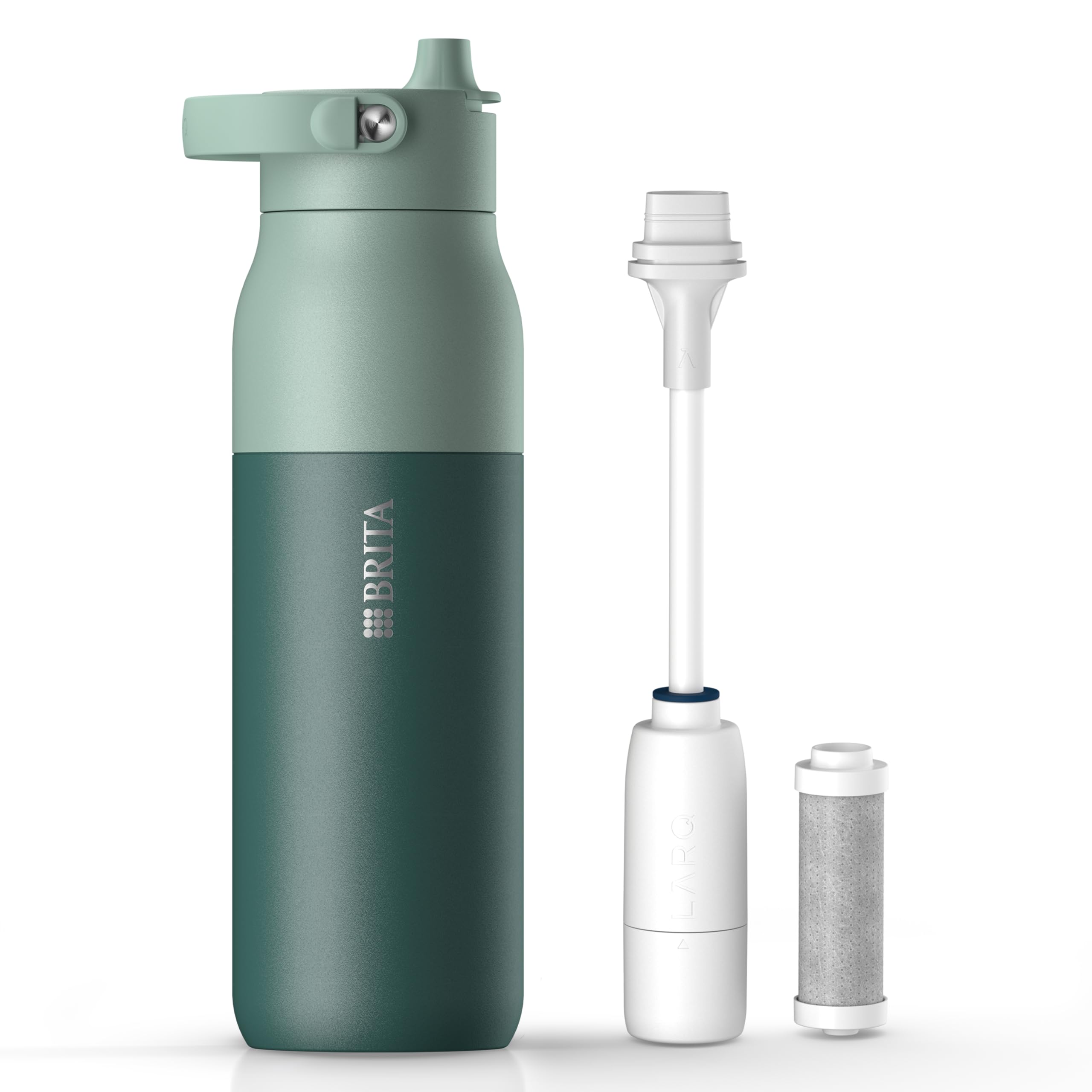 BRITA LARQ Essential Filter Trinkflasche mit Strohhalm grün (1 Liter) | Edelstahl Wasser-Flasche, doppelwandige Isolierung (24h kalt), Aktivkohle Wasserfilter, filtert PFAS, Chlor & mehr
