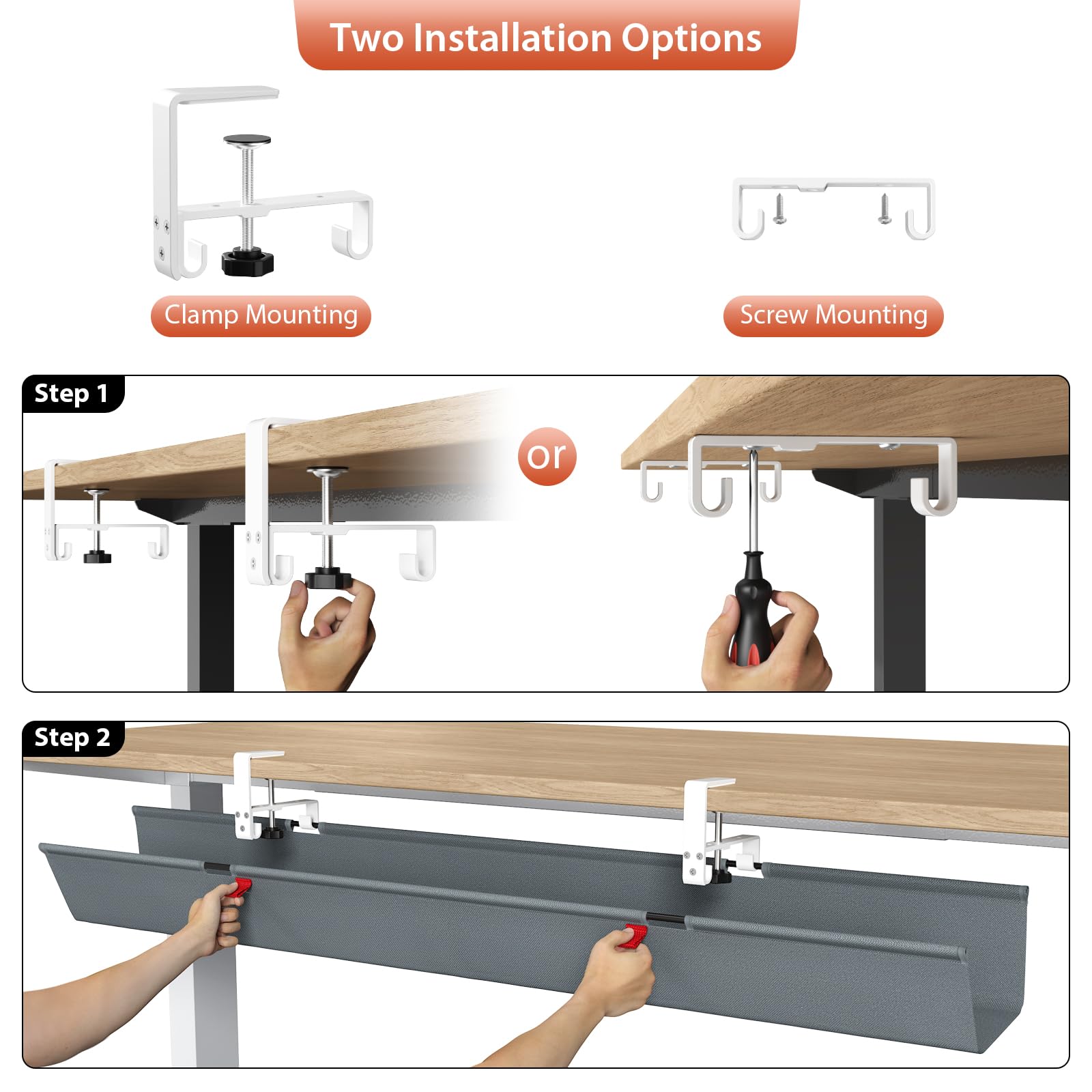Univivi Kabelkanal Schreibtisch Grau, 120cm Ohne Bohren Kabelmanagement Schreibtisch Fexibel Oganizer, Klemmen/Schraubmontage, Stabiles Wasserfestes Kabeltray für Büro und Zuhause