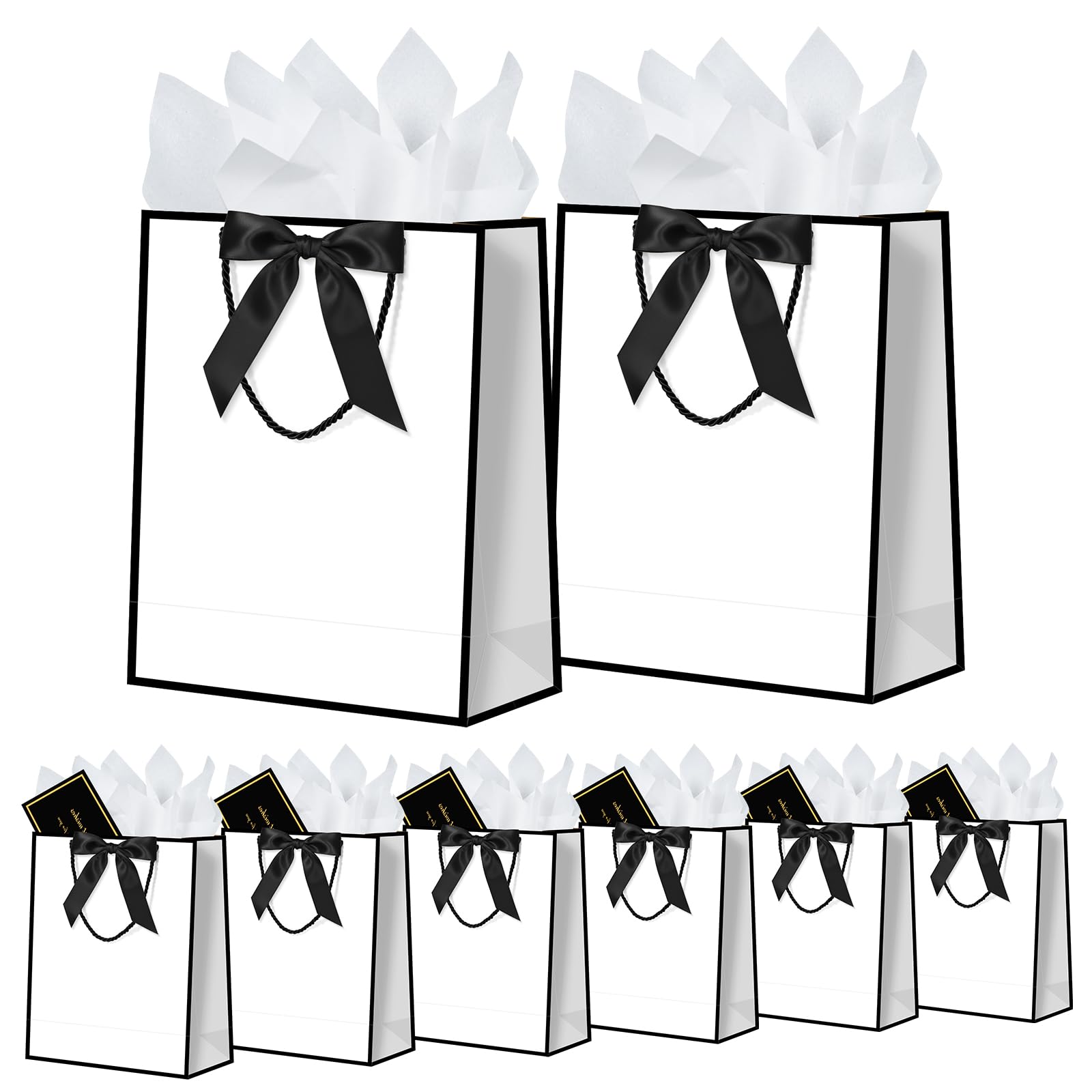 6 Pcs Valentine's Day Gift Bags Medium with 6 Tissue Paper Handles Bow Ribbon Multipack Presents Paper Gift bags for Weddings, Birthdays, Parties (White)
