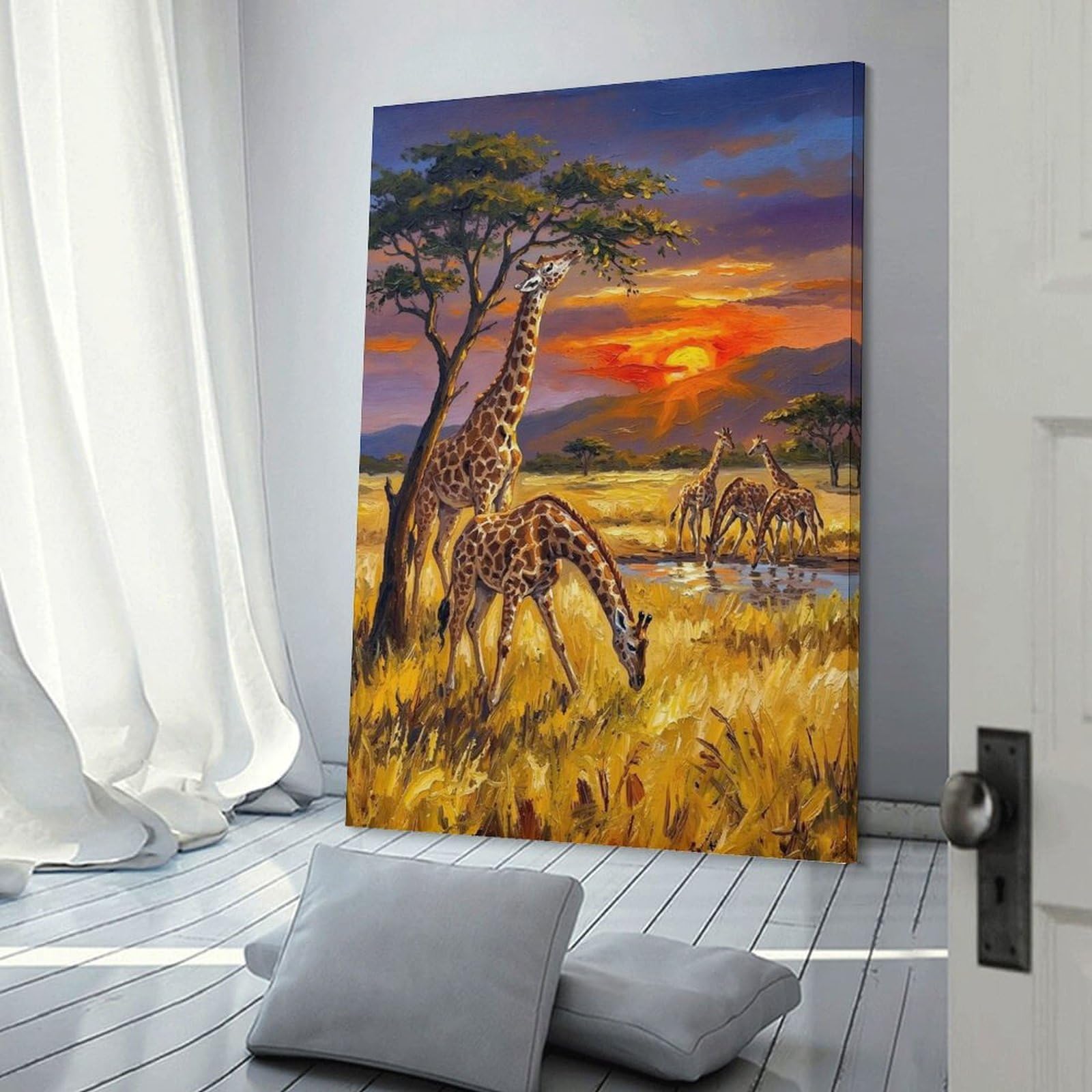 Junmoney Giraffes at Sunset Painting Hanging Wall Art, 08x12inch(20x30cm), for New Homes, Bedrooms Or Workspaces, Thoughtful Wall Decor for Art Lovers