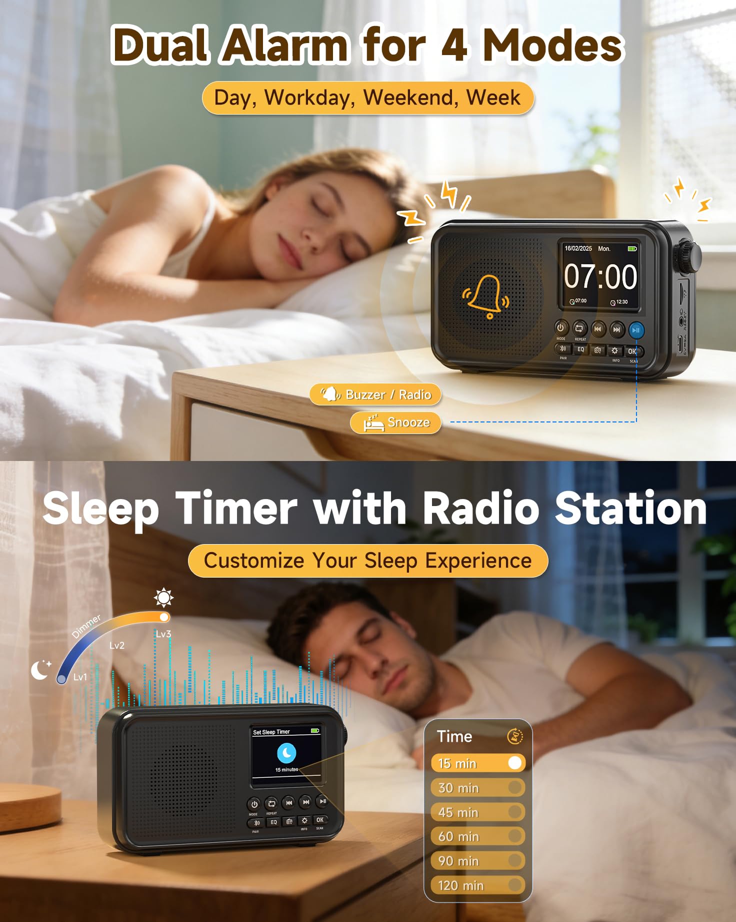 Roxicosly Portable DAB+/DAB/FM Digital Radio with Bluetooth, 3000mAh Rechargeable Battery & USB-C Mains, 2.4" TFT Colour Display, 80 Presets, EQ, AUX, MicroSD Slot, Dual Alarm, Snooze & Sleep Timer — view 6