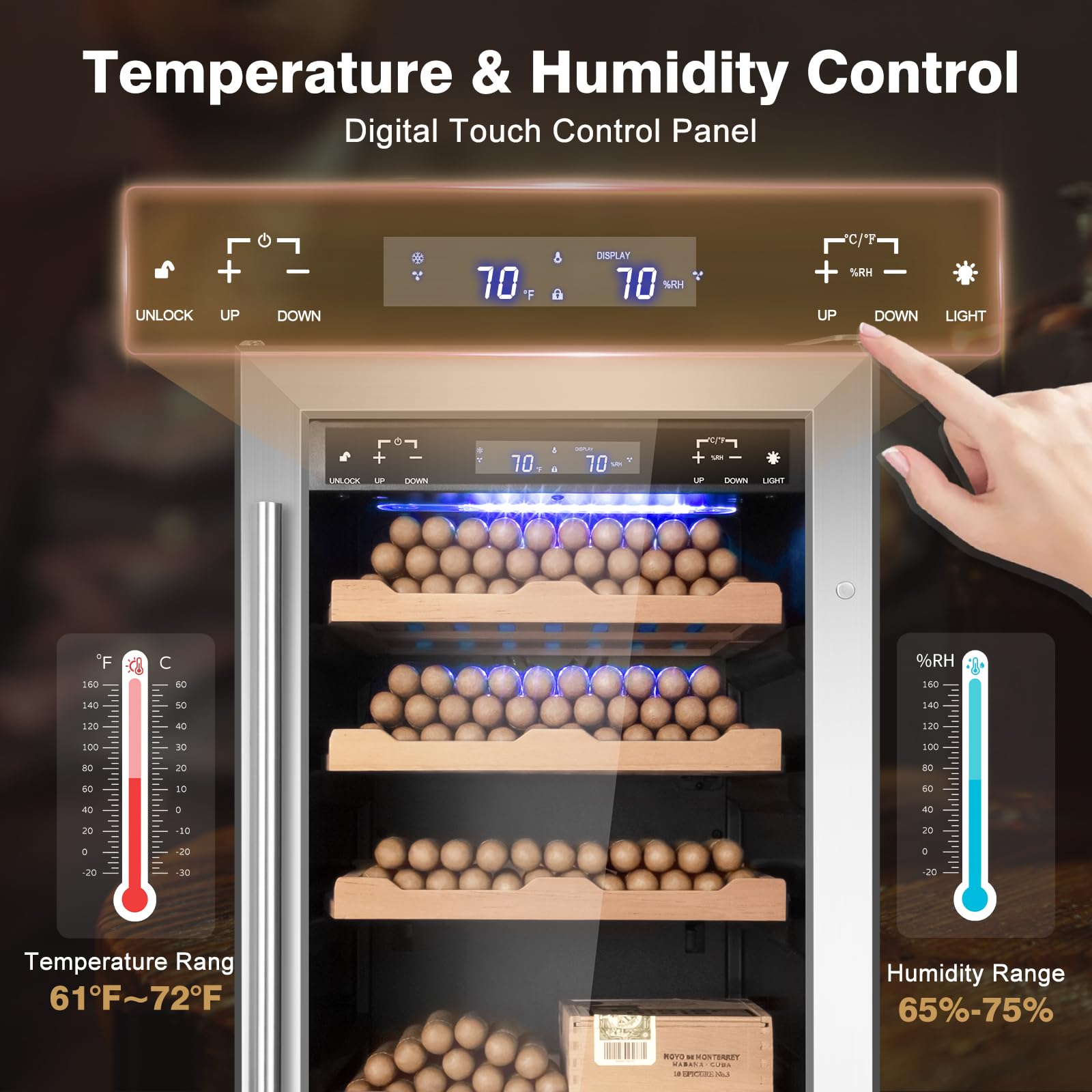 FoMup Electric Cooler Cabinet 88L with Temperature and Humidity Control, Spanish Cedar Wood Shelves, Reversible Door and Safety Lock (546 Counts Capacity)
