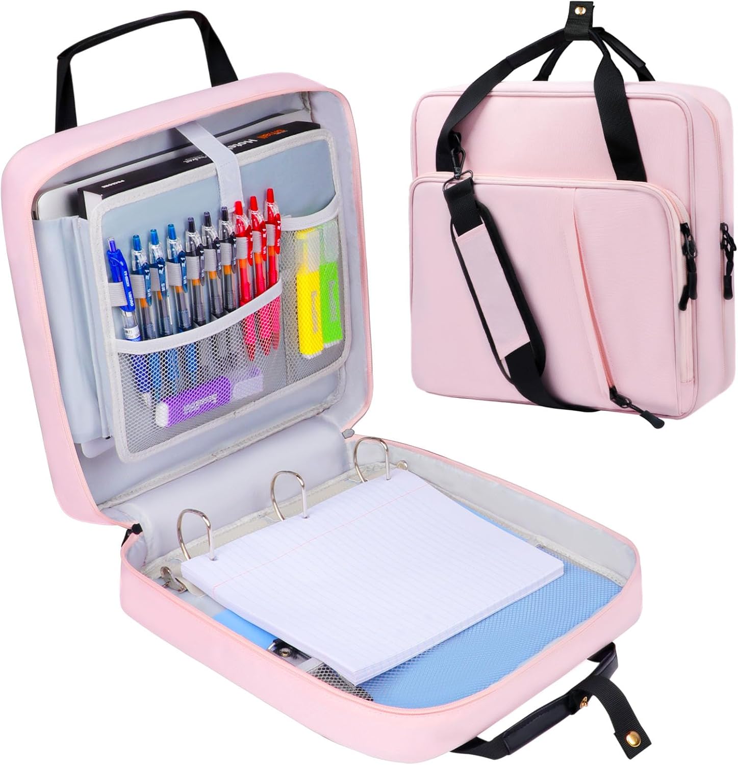 3 D-Ring Zipper Binder 2 inch with Shoulder Strap, Waterproof Oxford Binder with Zipper Storage 500 Sheets Capacity, Multi-Pockets Binder Organizer Bag for 13 inch Laptop School& Office (Pink) Vibrant Pink