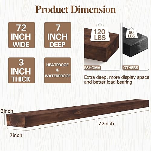 Miniatura 2 de Eshoma Repisa para chimenea, 72 pulgadas, hecha a mano, con soporte de metal resistente invisible, estante flotante, marrón oscuro