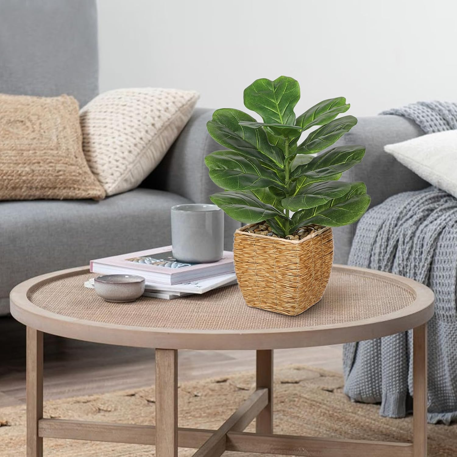 Briful Fake Plants Potted Fiddle Leaf Fig Artificial Plants Indoor Realistic Greenery Faux Plants in Square Plastic Rattan Baskets for Home Decor Farmhouse Office Weddings - Image 4