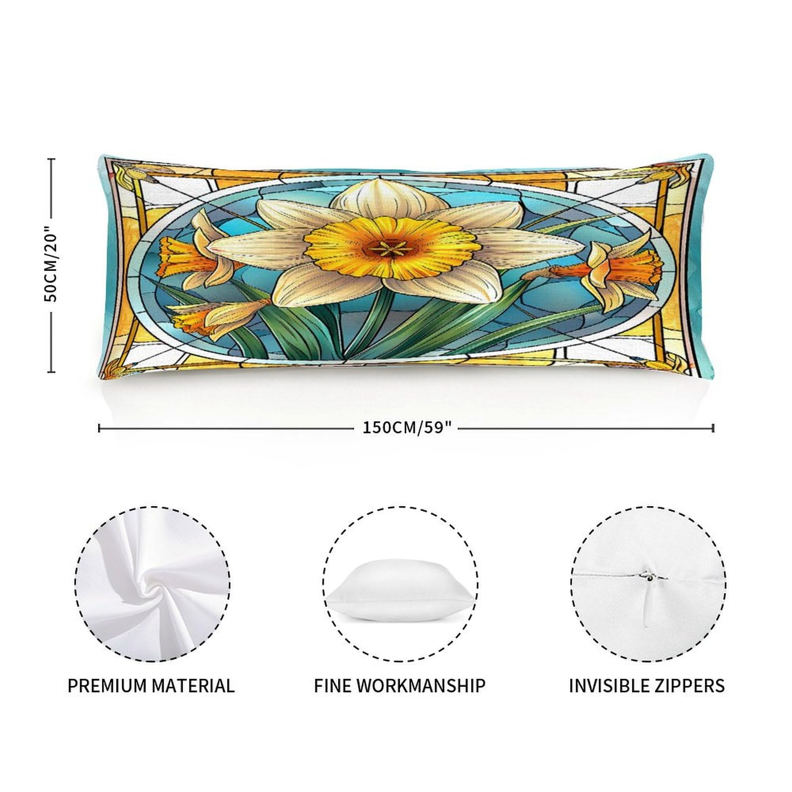Zipped Body Pillow Case Cover,March Daffodil Flower Birthday Floral Stained Glass Decorative Rectangle Accent Long Body Pillowcase 20x59in Mother's Day Birthday Gifts Christmas for Women Girl Mom