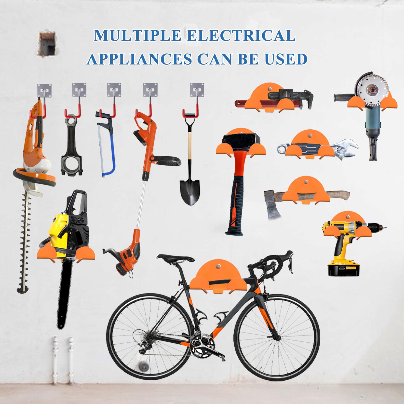 Lote de 2 ganchos de almacenamiento de garaje robustos+2 paquetes de ganchos ajustables para almacenamiento de pared, soporte para herramientas eléctricas, perchas cortahierbas, corta-setos