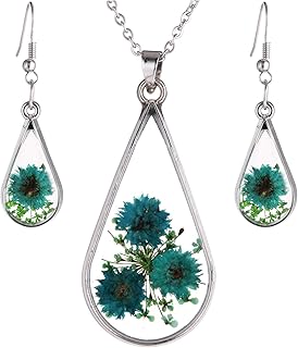 FM FM42 Red Turquoise Pressed Flowers Teardrop Drop Dangle Earrings Pendant Necklace Jewelry Set, 2 Colors