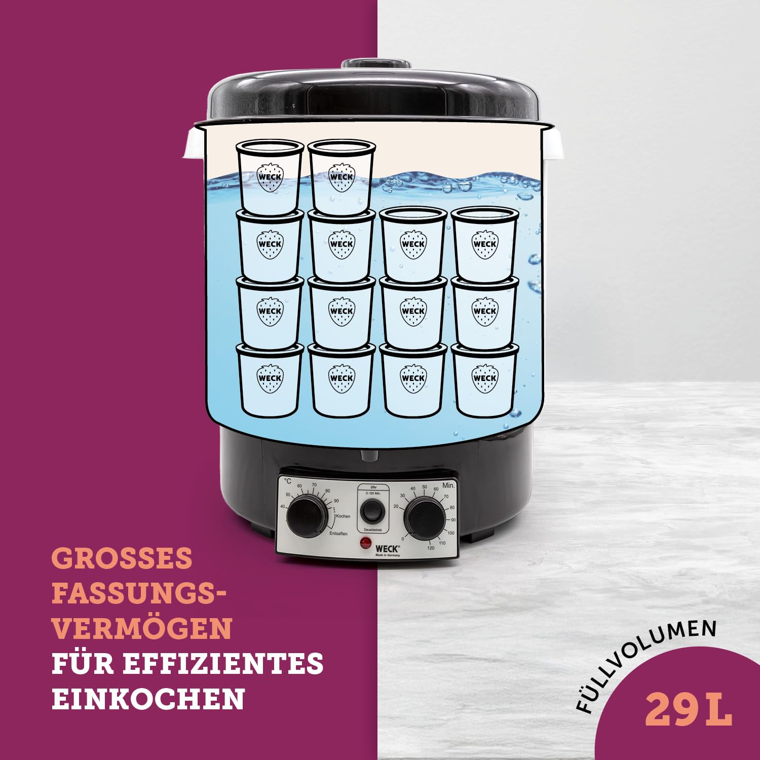 WECK Einkochautomat WAT35-A Kunststoff mit Präzisionsthermostat, Auslaufhahn & Zeitschaltuhr – 29L Einkochtopf, Glühweinkocher, Dampfentsafter, Einweckautomat – Made in Germany