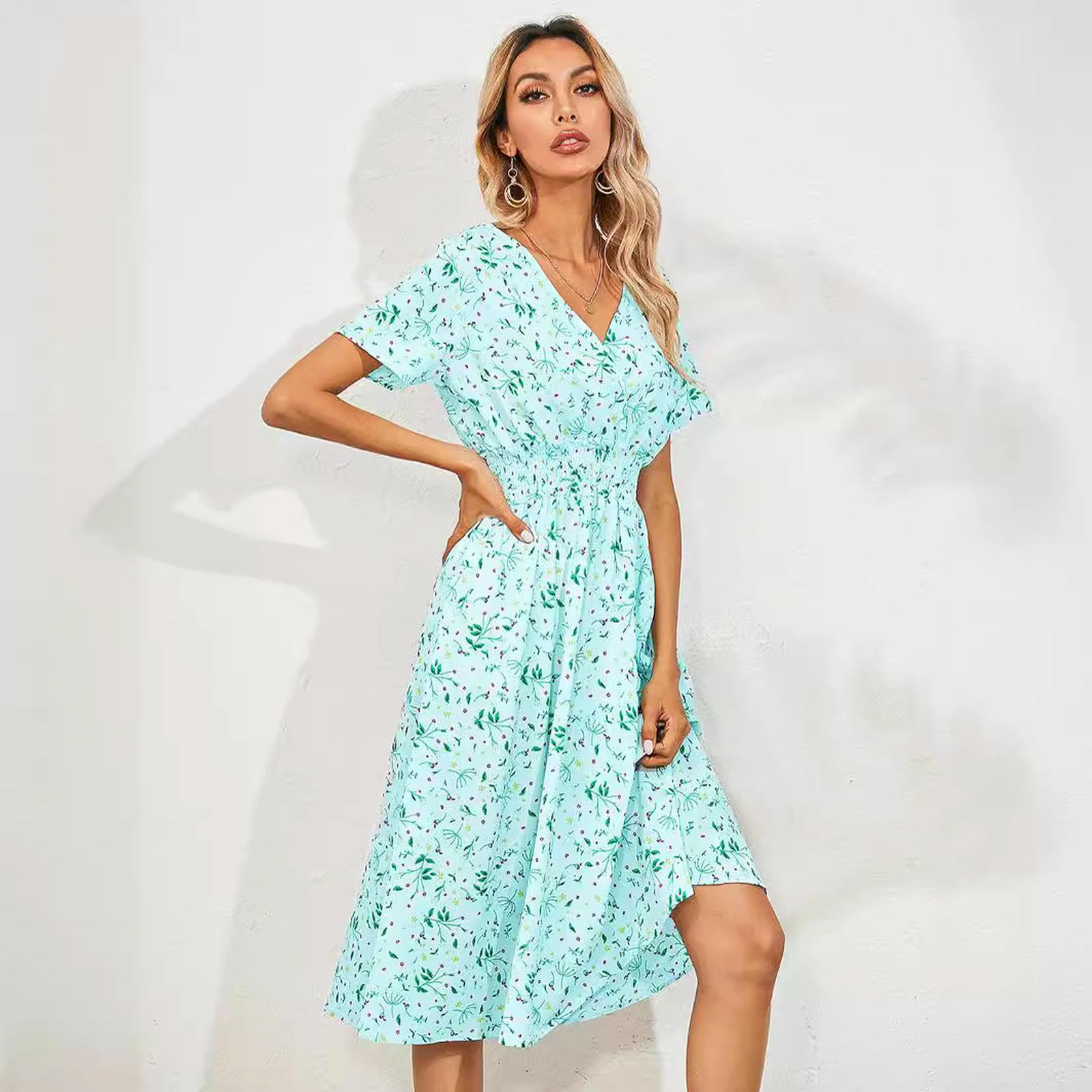 Abiti da Donna Abito A Manica Corta Stampe Floreale Estiva Femminile-Blu-m
