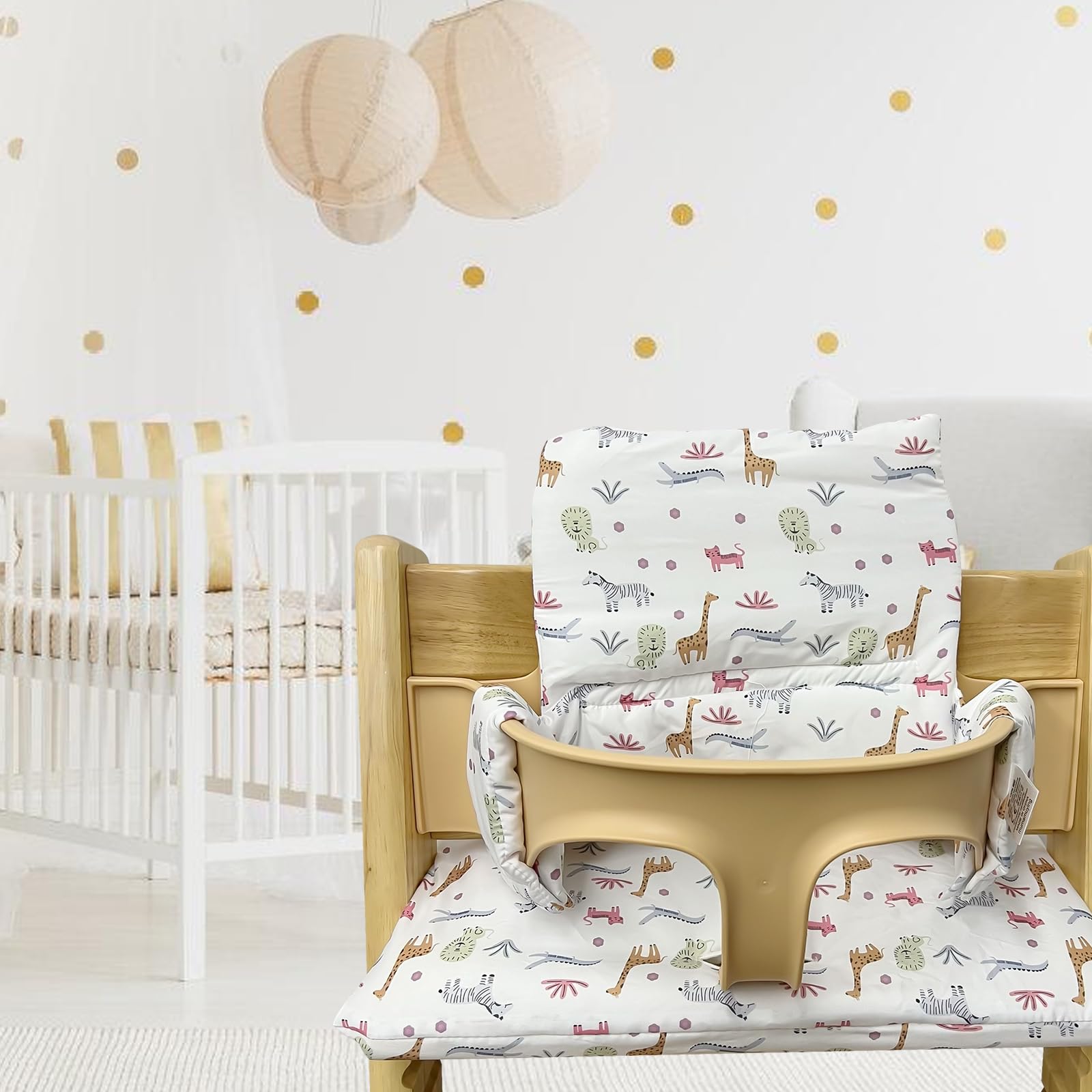 Cojín de asiento para trona Tripp Trapp: cojín antideslizante, revestimiento laminado, cojín de bebé de algodón orgánico, lavable a máquina, fácil montaje, diseño zoológico