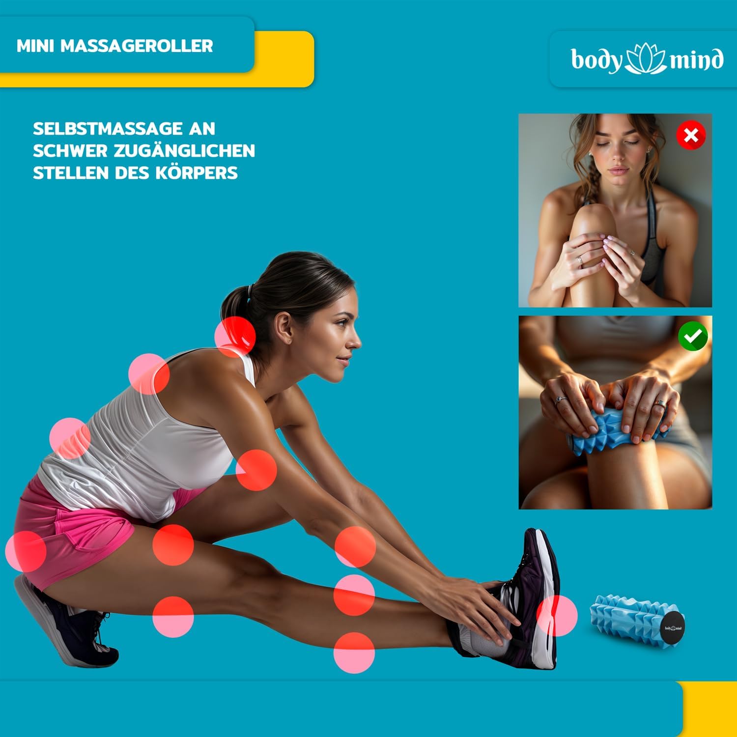 Body Mind Ролик для фасциального массажа Mini Roller 15x6 см для стоп и шеи Компактный ролик с 3D-рельефом для стоп колен шеи и затылка легкий прочный универсальный