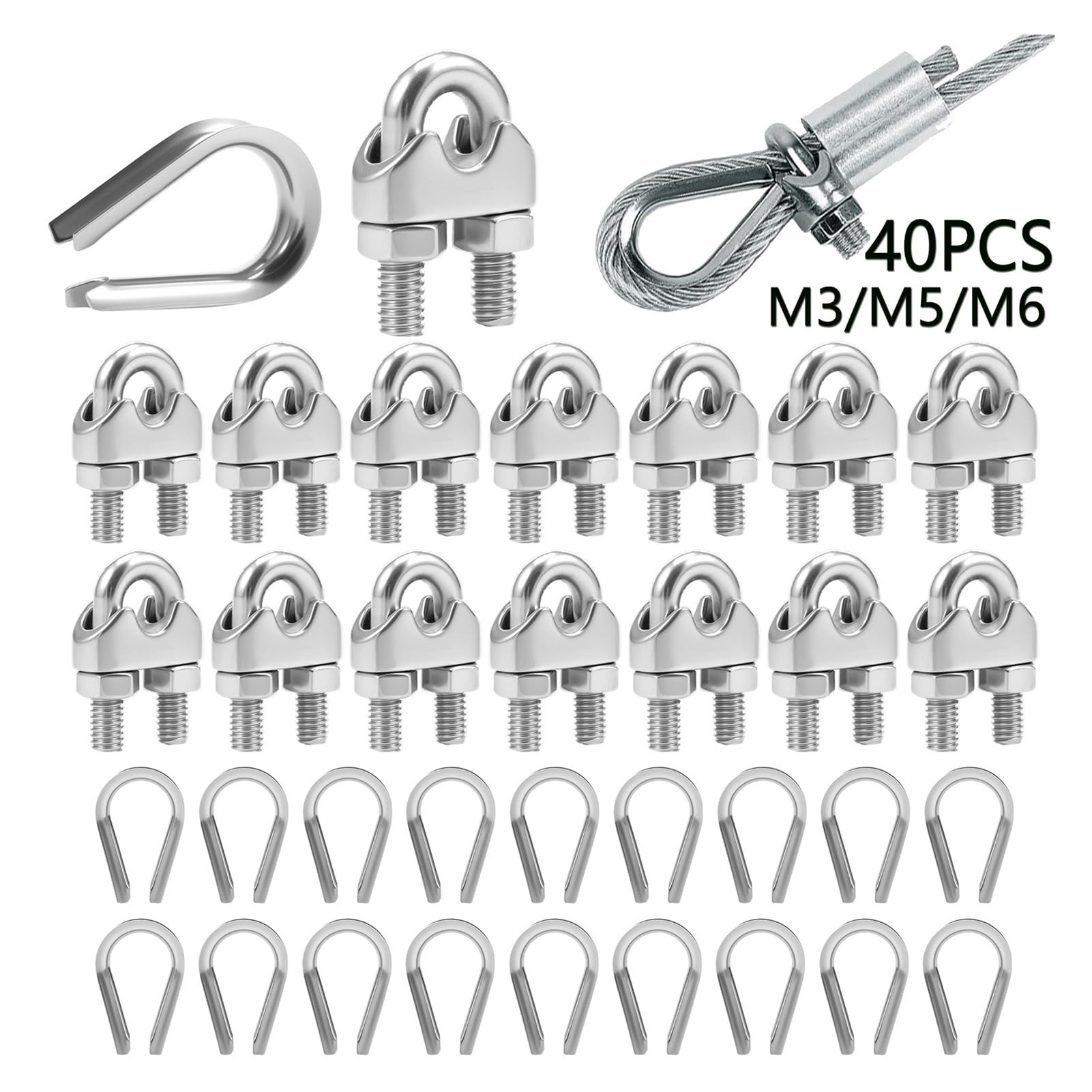 abrazadera de cable de acero, Juego de abrazaderas for cable de acero inoxidable con guardacabos plateado M3/M5/M6(40pcs M5)
