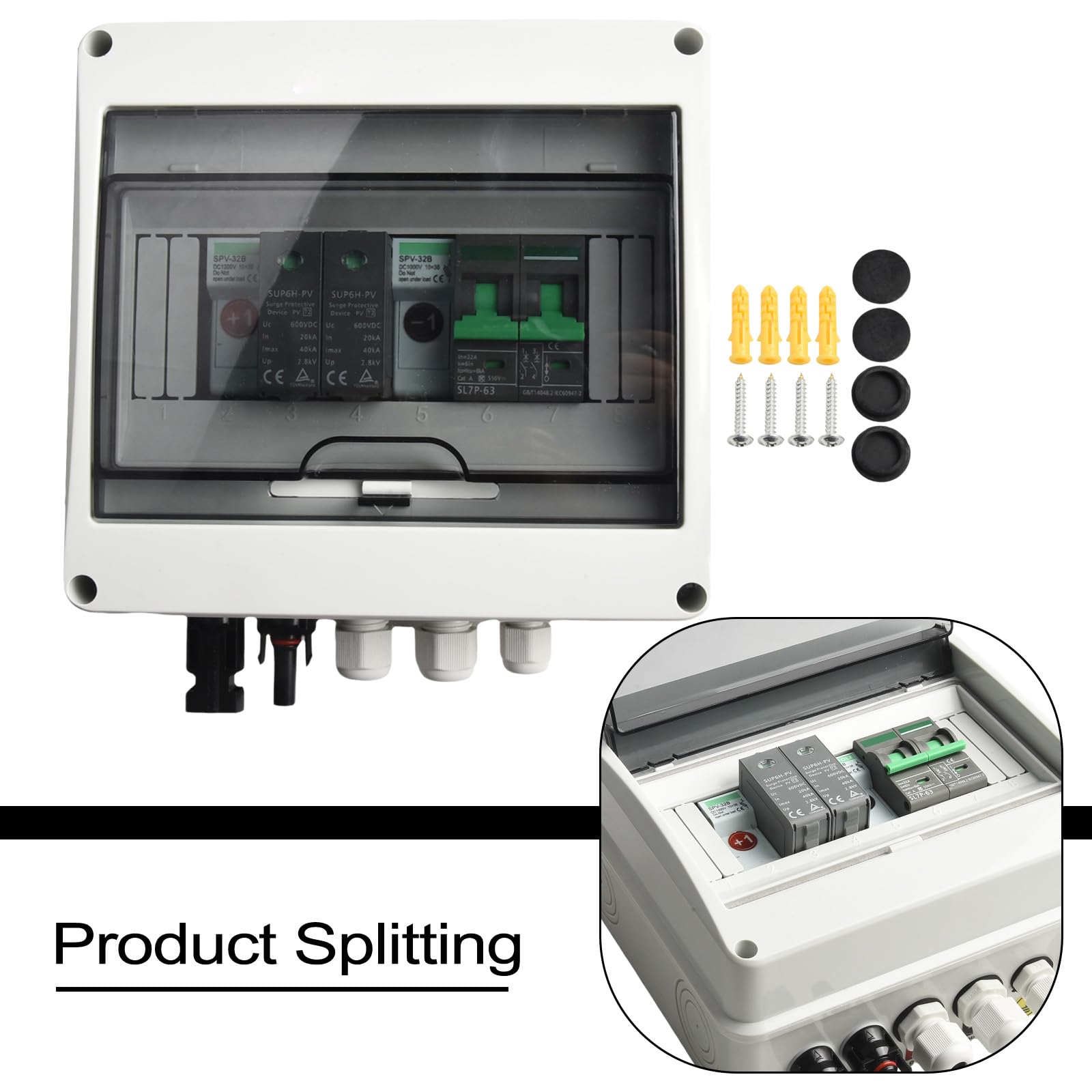 Scatola di Combinazione Solare Fotovoltaica 1 Ingresso 1 Uscita 550V IP65 Impermeabile con MCB DC 2P 550V, SPD DC 2P 600V e Fusibili DC 1000V 15A, Montaggio su Tetto per Pannelli solari
