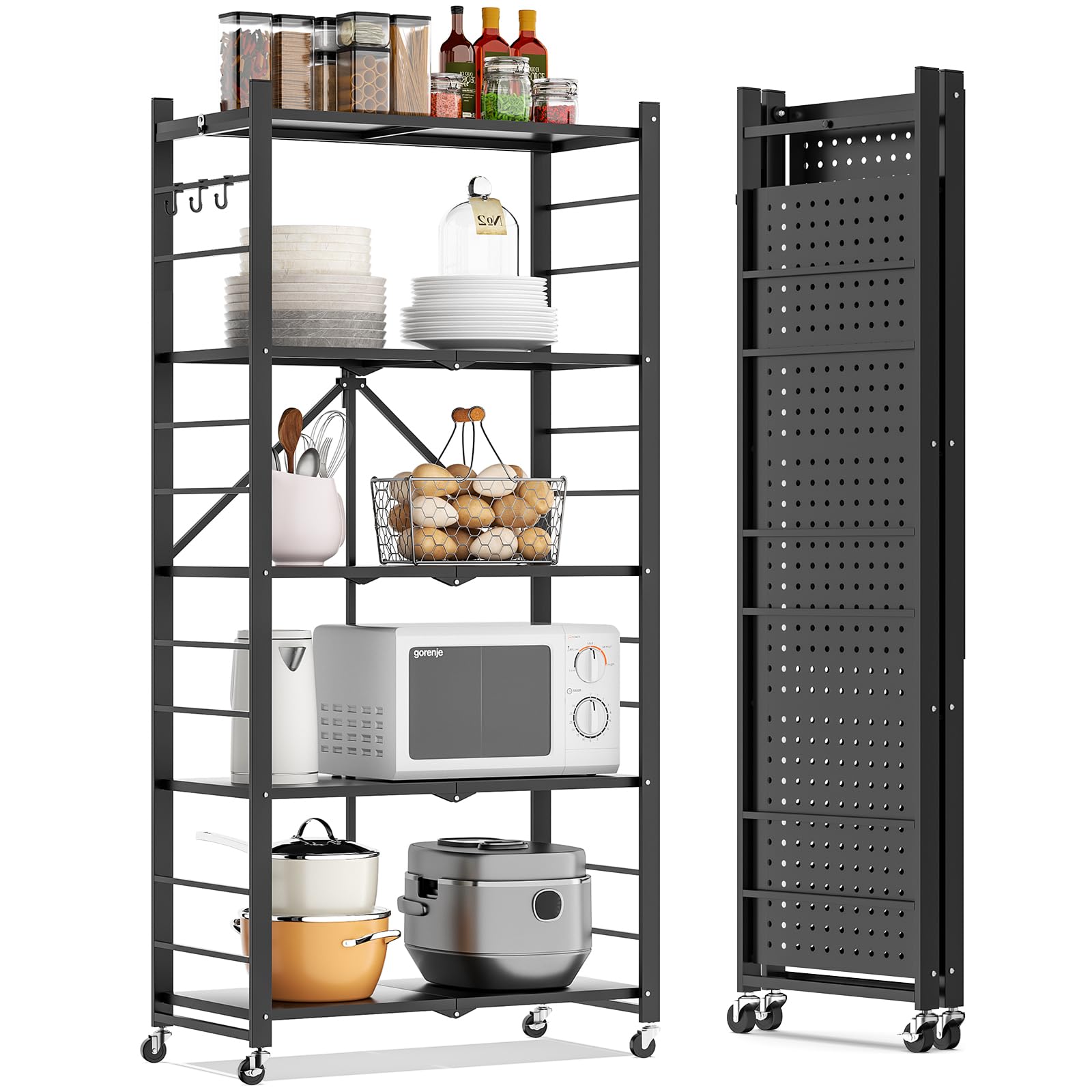 Fenbeli 5 Tier Folding Storage Shelf with Wheels – Heavy Duty Metal Organizer Rack, No Assembly Collapsible Utility Shelving Unit for Garage, Kitchen,