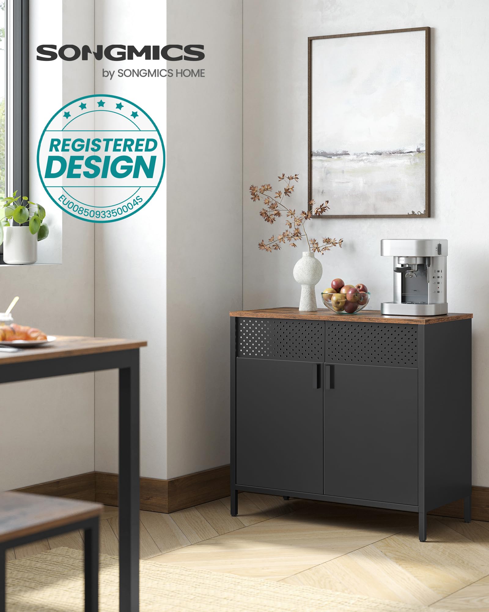 SONGMICS Mobiletto Contenitore, Credenza in Metallo, Doppia Anta con Chiusura Magnetica, Ripiani Regolabili, Struttura in Acciaio, 40 x 80 x 76 cm, Marrone Vintage e Nero Inchiostro LSC102B01