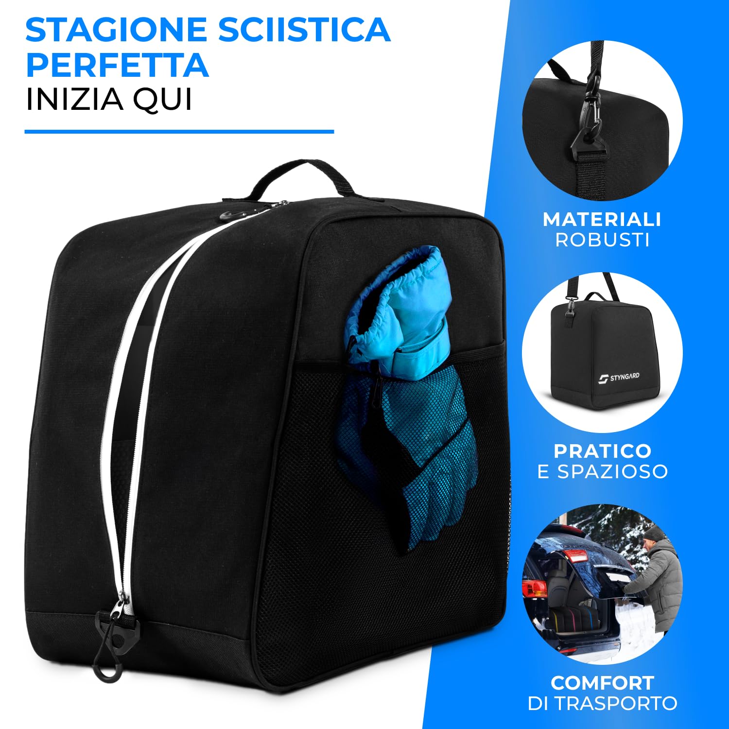 STYNGARD Borsa porta scarponi con scomparto per scarponi [38 L] - Borsa per scarponi da sci con tracolla e spazio per gli accessori da sci modello Cortina