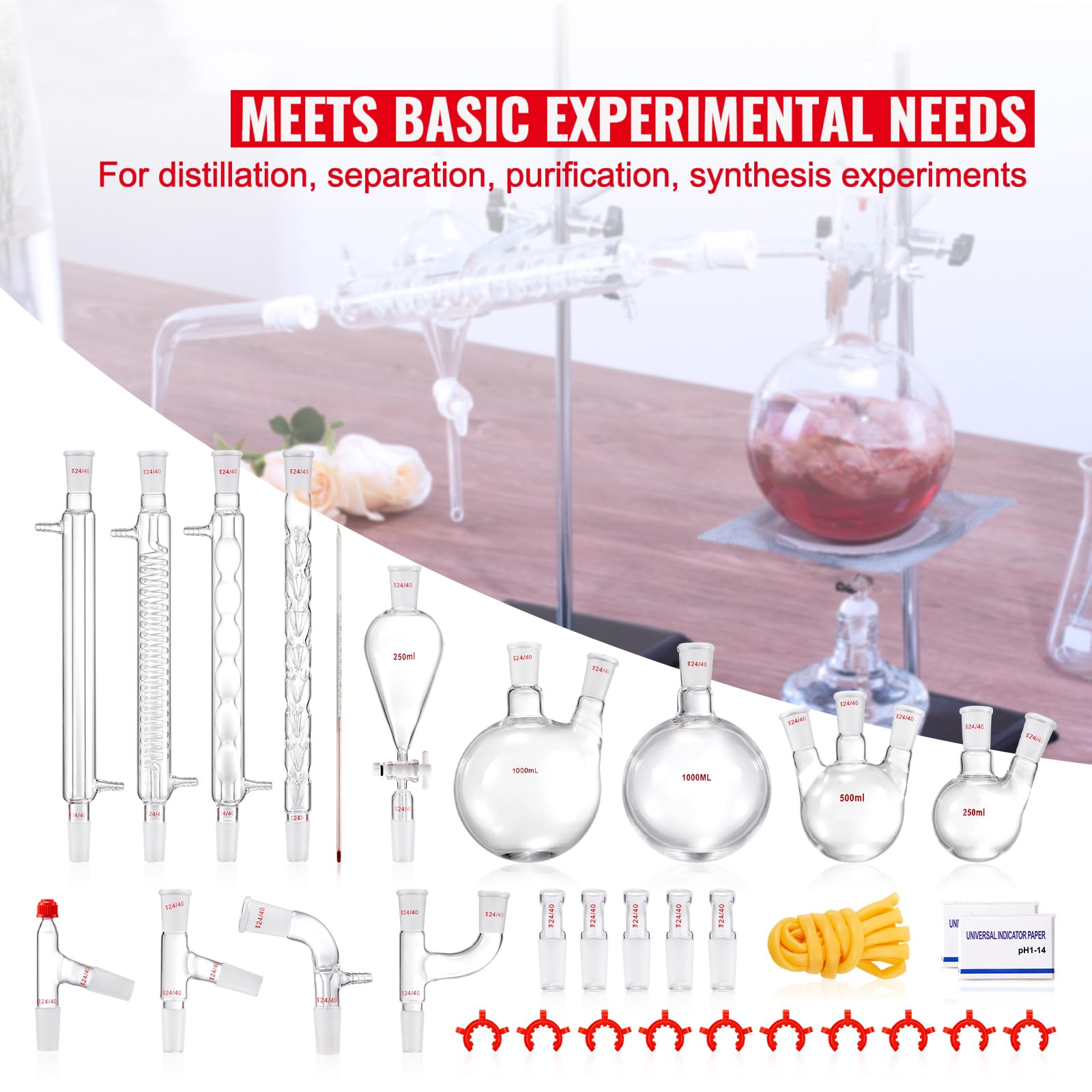 Happybuy Lab Distillation Kit, 3.3 Boro Glassware, 1000ml Essential Oil Apparatus, 24/40 Joint, 32 pcs Set of Glassware Equipment