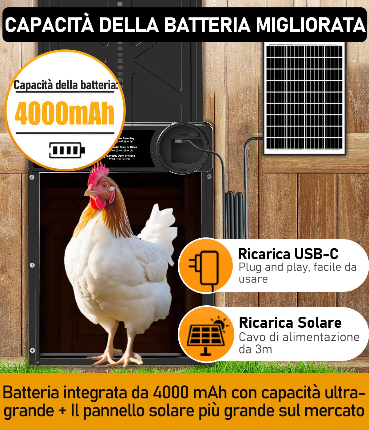 Porta Automatica Pollaio Solare con Funzione Manuale e Timer, Porta Pollaio Automatica Solare Anti-schiacciamento | Lega di Alluminio | Telecomando | Grande Pannello Solare | Batteria ad Alta Capacità