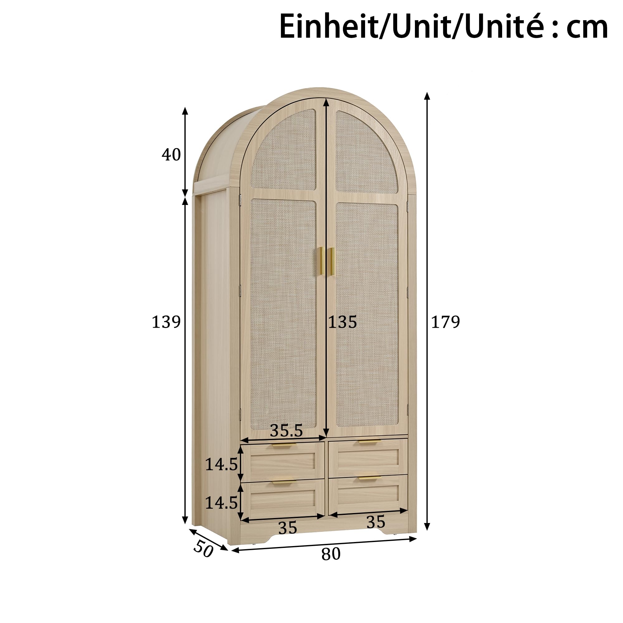 Azkoeesy Armadio moderno ad arco, ante effetto rattan, 4 cassetti, maniglie dorate, 80 x 50 x 179 cm, per camera da letto e corridoio (quercia)