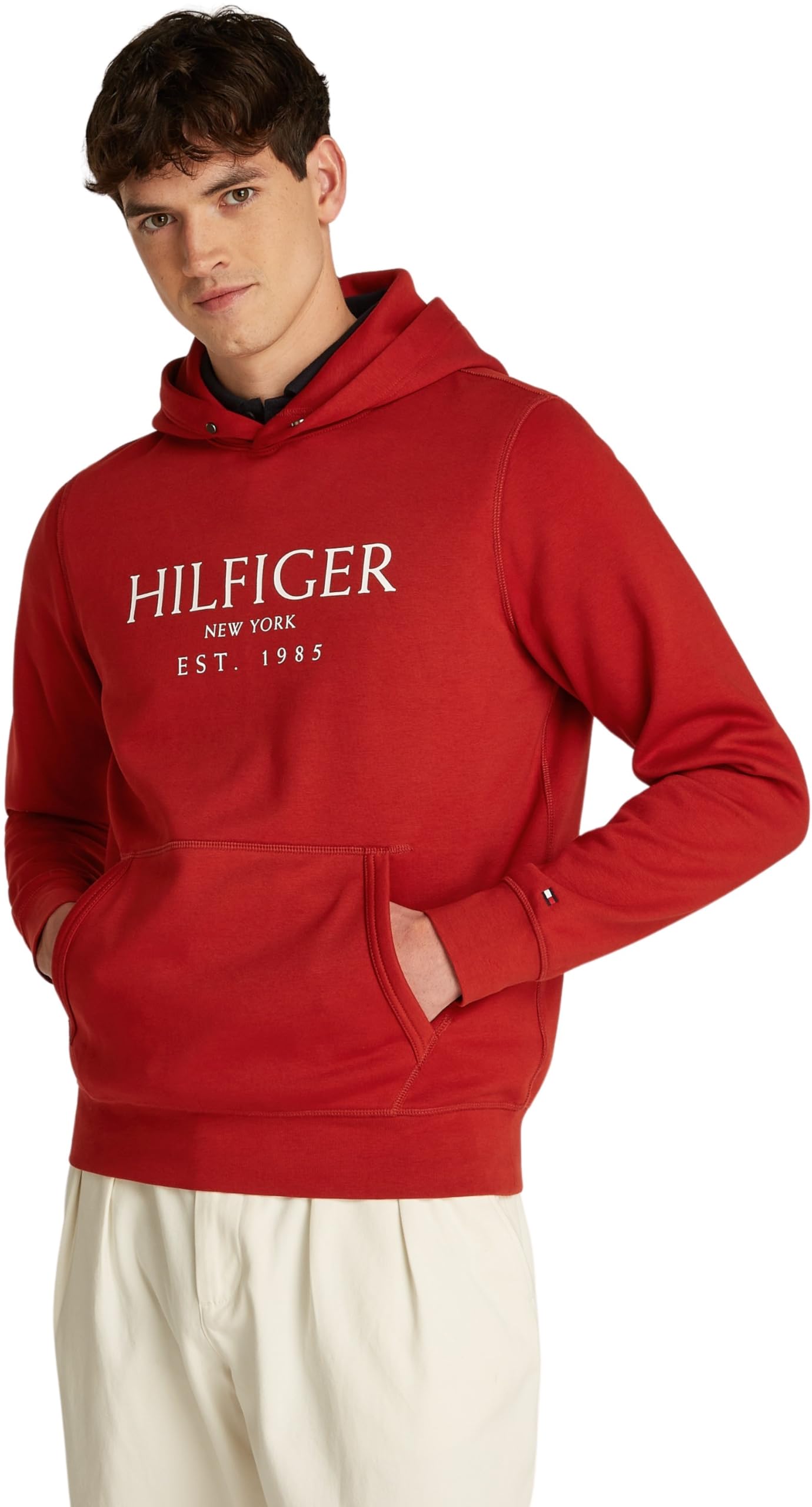 Tommy Hilfiger Men’s Hoodie with Kangaroo Pocket, Red (Dark Magma), S