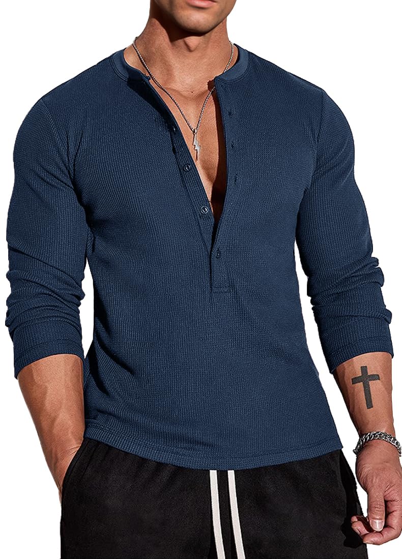Muscle Cmdr Men's Waffle Henley Shirts Long Sleeve T-Shirt Stylish Casual 5 Button Placket Slim Fit Tee Thermal Underwear