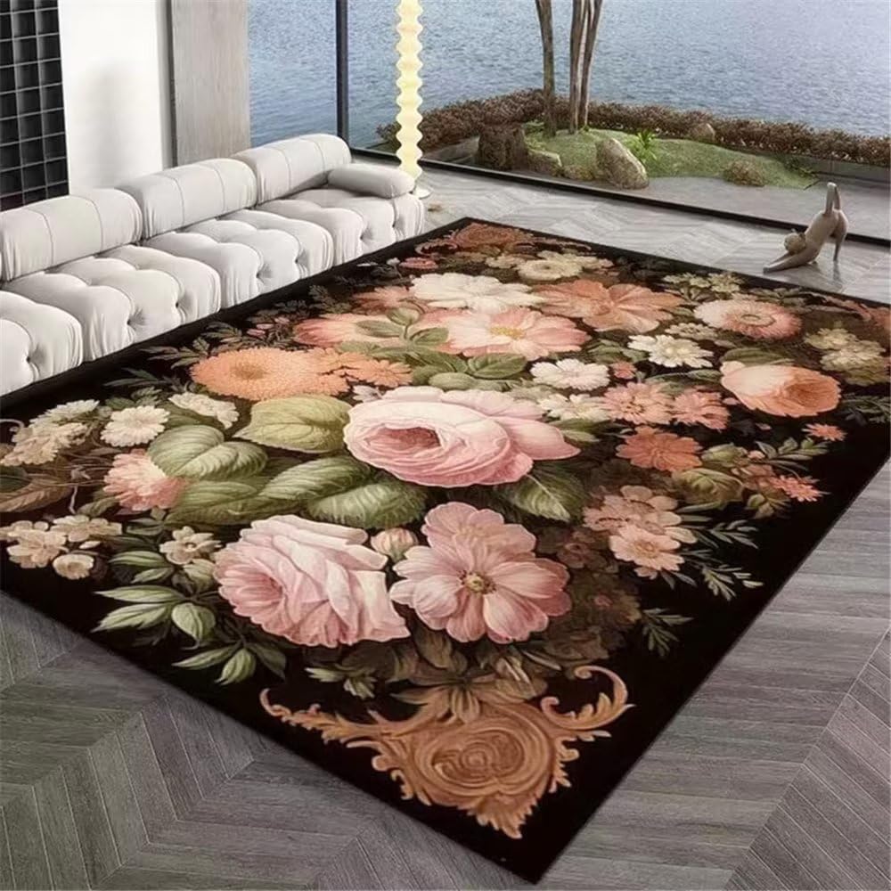 Tapis de salon rose aux fleurs denses 200x250cm pour une decoration moderne