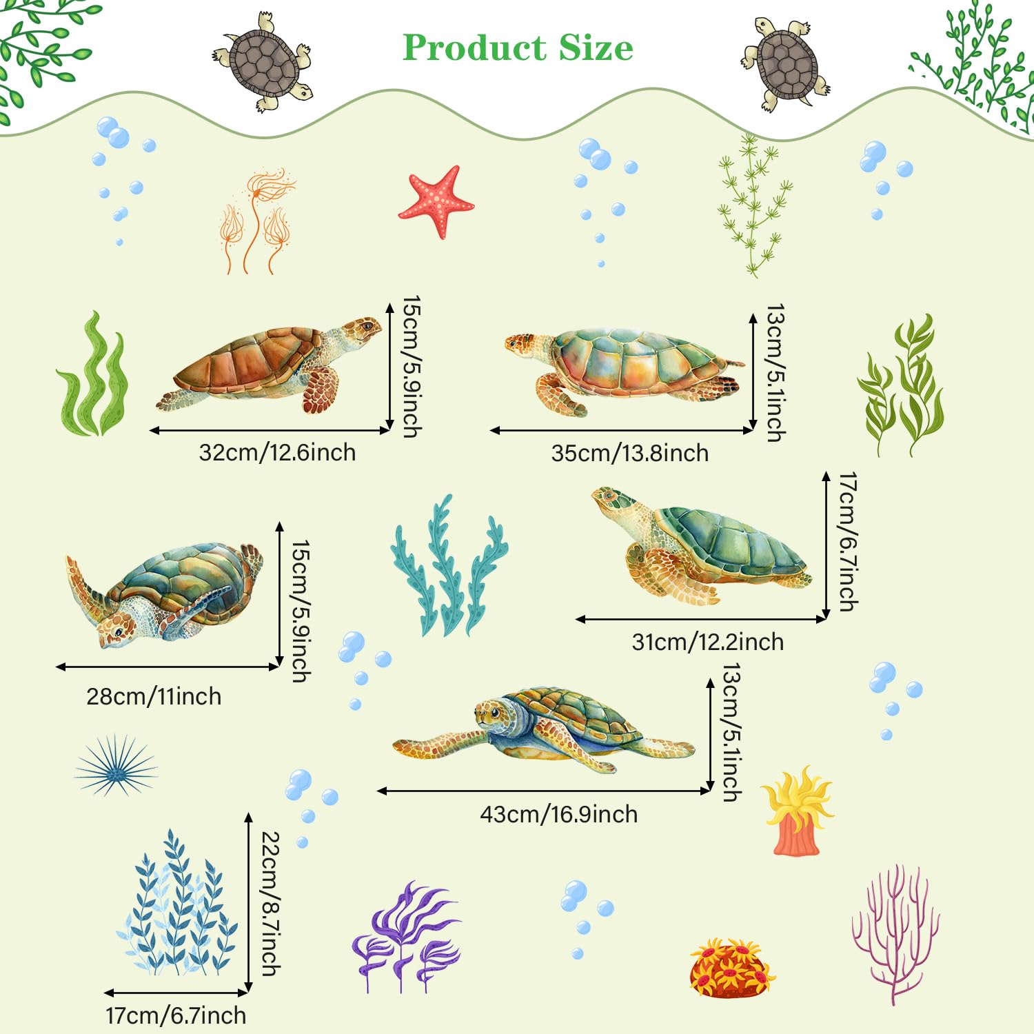 MEFOSS Watercolor Turtle Wall Decals - Under The Sea Nursery Stickers For Kids Room, Bathroom (Set A)