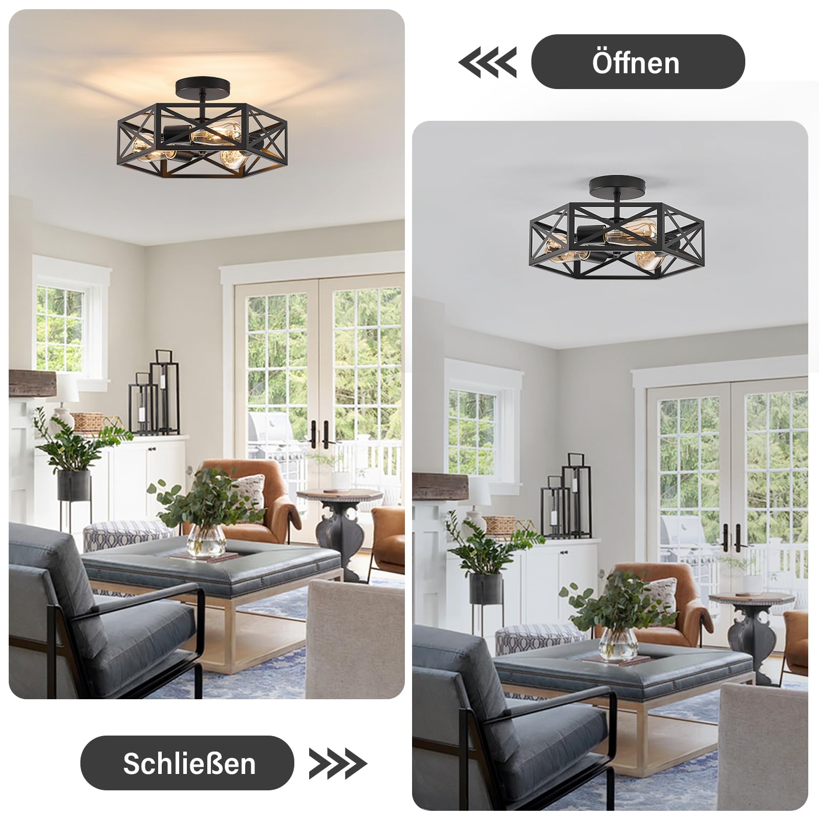 Qamra Deckenlampe Vintage Schwarz 3-flammig E27 Industrial Deckenleuchte Bauernhaus Metall Modern Käfig-Lichtarmatur für Küche, Flur, Schlafzimmer, Wohnzimmer, Eingangsbereich