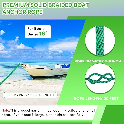 Vista 184 de Cuerda de anclaje premium de 100 pies x 3/8 pulgadas, cuerda marina de línea de anclaje MFP trenzada sólida con dedal y grillete, color negro