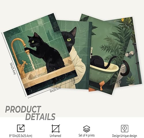 Miniatura 2 de Foritho Juego de 4 impresiones artísticas divertidas de lienzo para baño de gato negro, decoración de baño de gato, póster botánico tropical