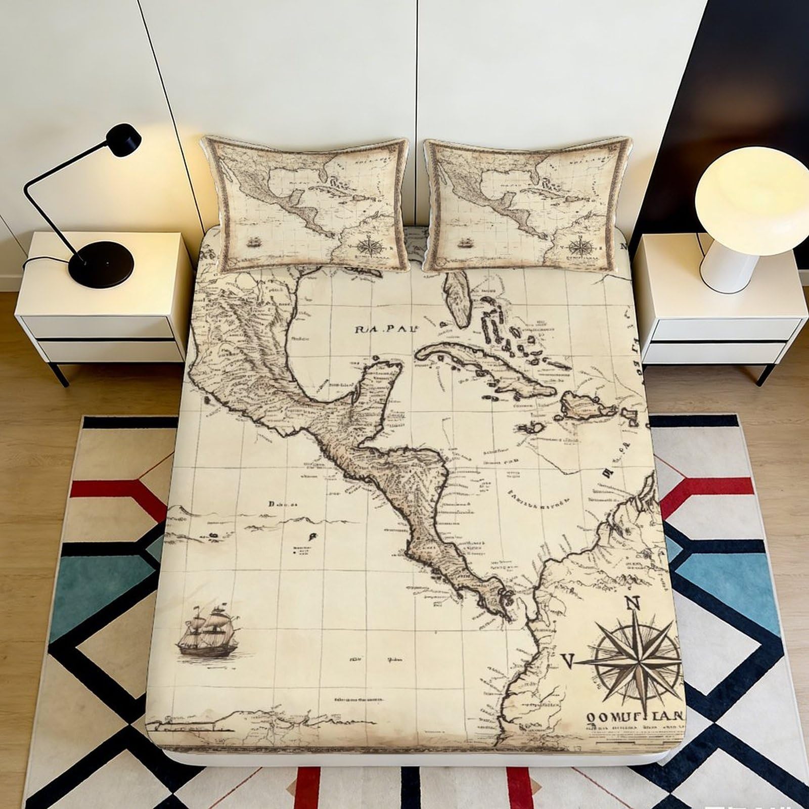 Dhbaneiok Style-6 3D Printed Vintage Map Fitted Sheet Microfiber Soft Mattress Cover For Bedroom Guest Room Decor Protection 90X200x25cm
