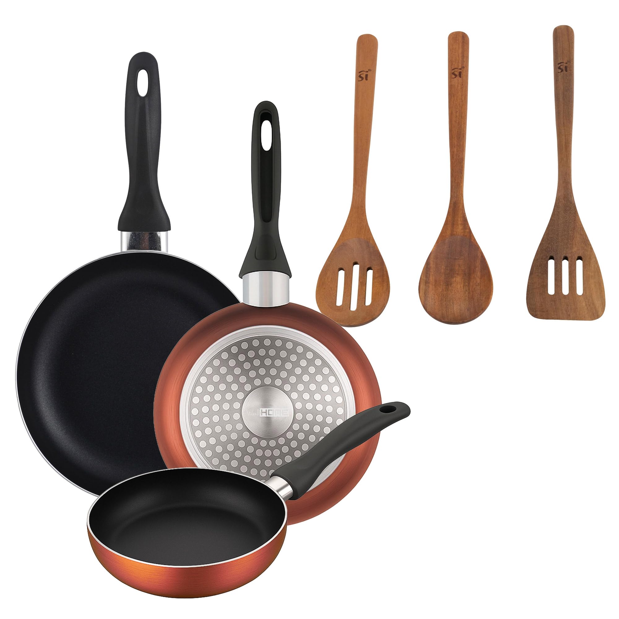 Well Home Lot de 3 poêles Ø16 Ø 20 Ø 24 cm en aluminium pressé en cuivre métallisé + set 3 ustensiles de cuisine bois d'acacia