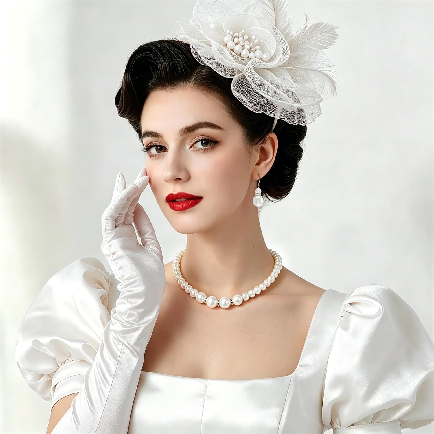 Tea Party Accessories for Women Fascinator Hats Lace Gloves Fan Pearl Set Halloween Cosplay Tea Party Outfit