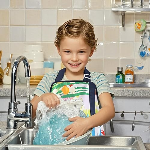 Miniatura 7 de Paquete de 2 delantales infantiles para niñas y niños, delantal de pintura impermeable con bolsillos para cocinar, hornear, manualidades de cocina y