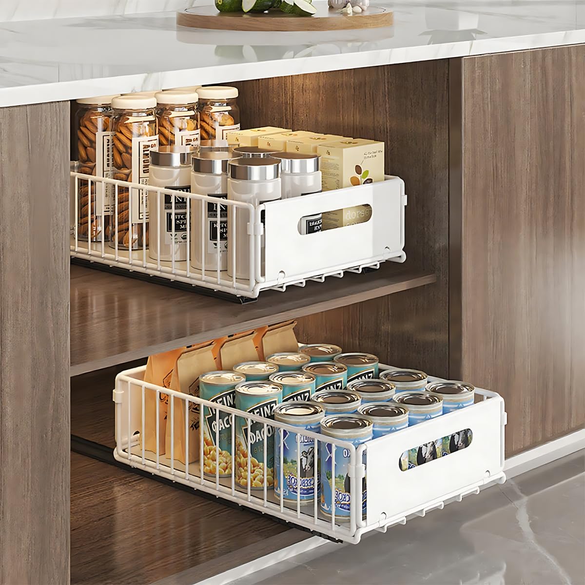 Hovoto White 2Pcs Pull Out Cabinet Organiser Foldable, 2Pcs Pull Out Drawers For Kitchen Cupboards, Pull Out Shelf Kitchen Storage Drawer For Kitchen Cupboard, Bathroom, Bedroom, White, 24.5 * 37.5 * 10Cm