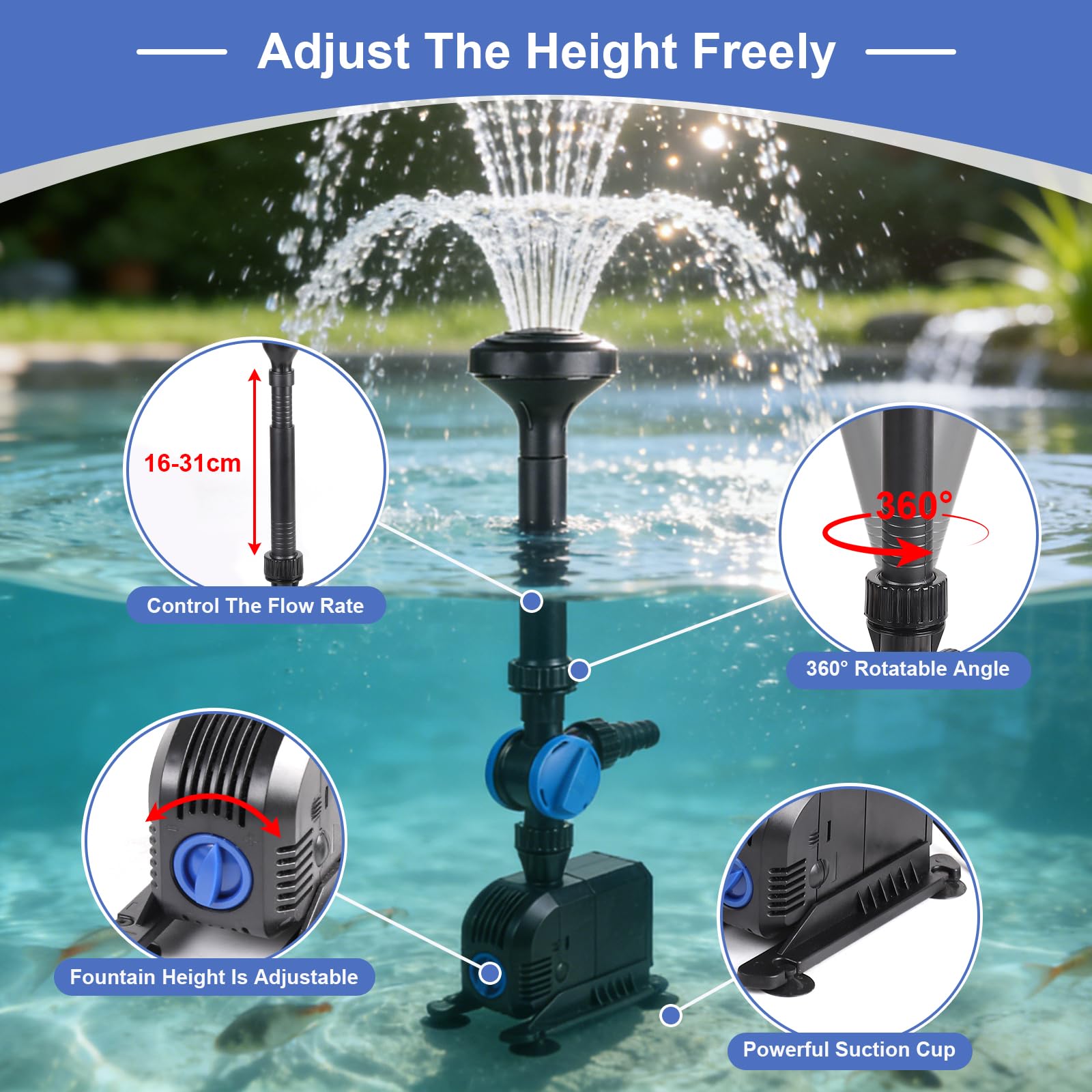 EFUTURETIME Pompa per Laghetto da Giardino 3000l/H 55W, Pompa per Fontana da Esterno Interno 3m Prevalenza, 2 Tipi di Ugelli, 5m Cavo, Pompa per Giochi d'acqua per Paesaggio Acquatico Perfetto