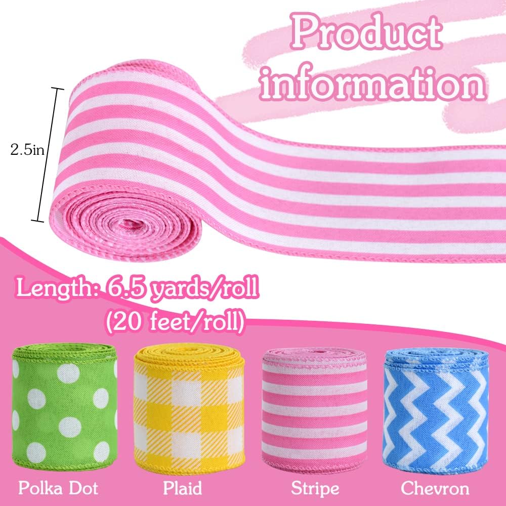 TONIFUL 4ロール 2.5インチ ワイヤーエッジリボン カラー 黄麻布 ワイヤーリボン イースターリボン 夏 春 ワイヤーリボ