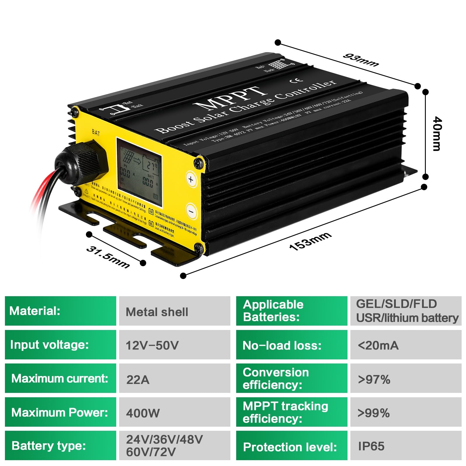 DEWIN Controlador de Carga Solar, MPPT Boost Controlador de Carga Solar 400W 24V 36V 48V 60V 72V Regulador de Voltaje